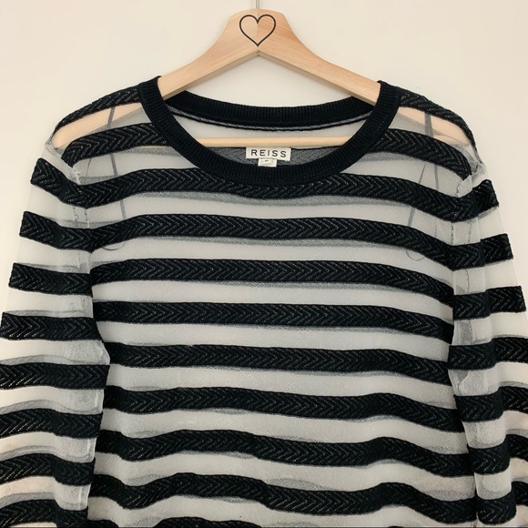 Reiss Black and White Striped Mesh & Knit Top - Picture 6 of 10
